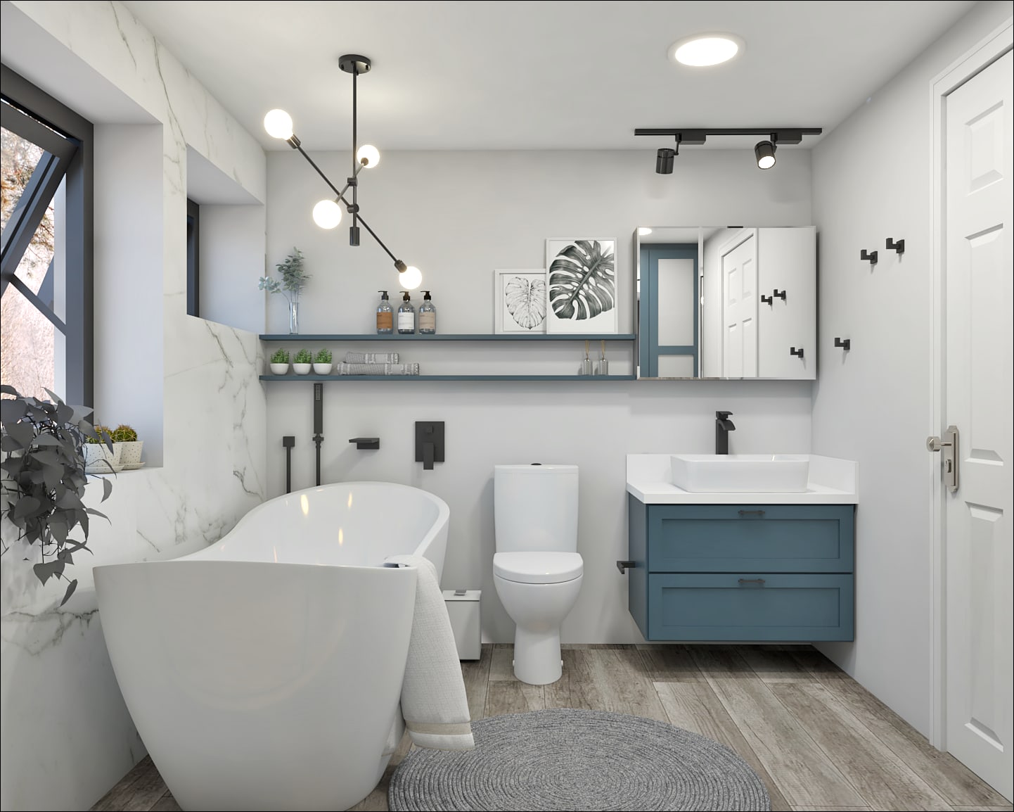 Guest bathroom design with coordinated tile, lighting, and vanity finishes by Finch Home Studio in North Carolina