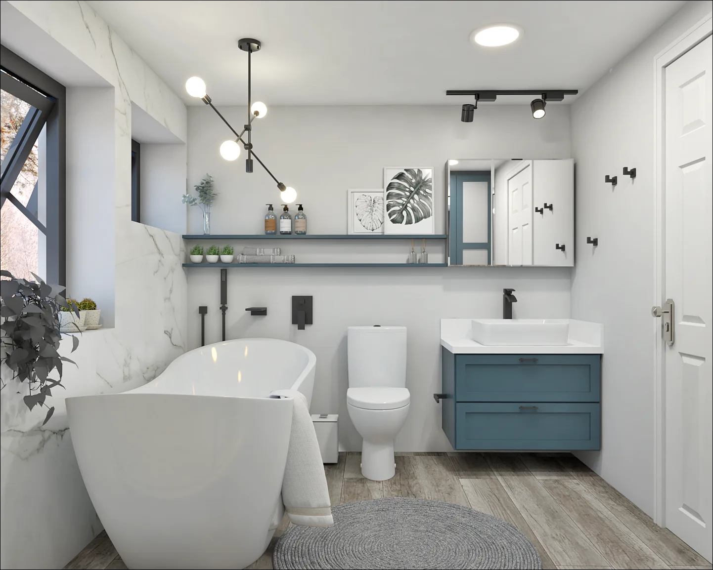 Bathroom renovation with vanity storage and intentional lighting by Finch Home Studio in North Carolina