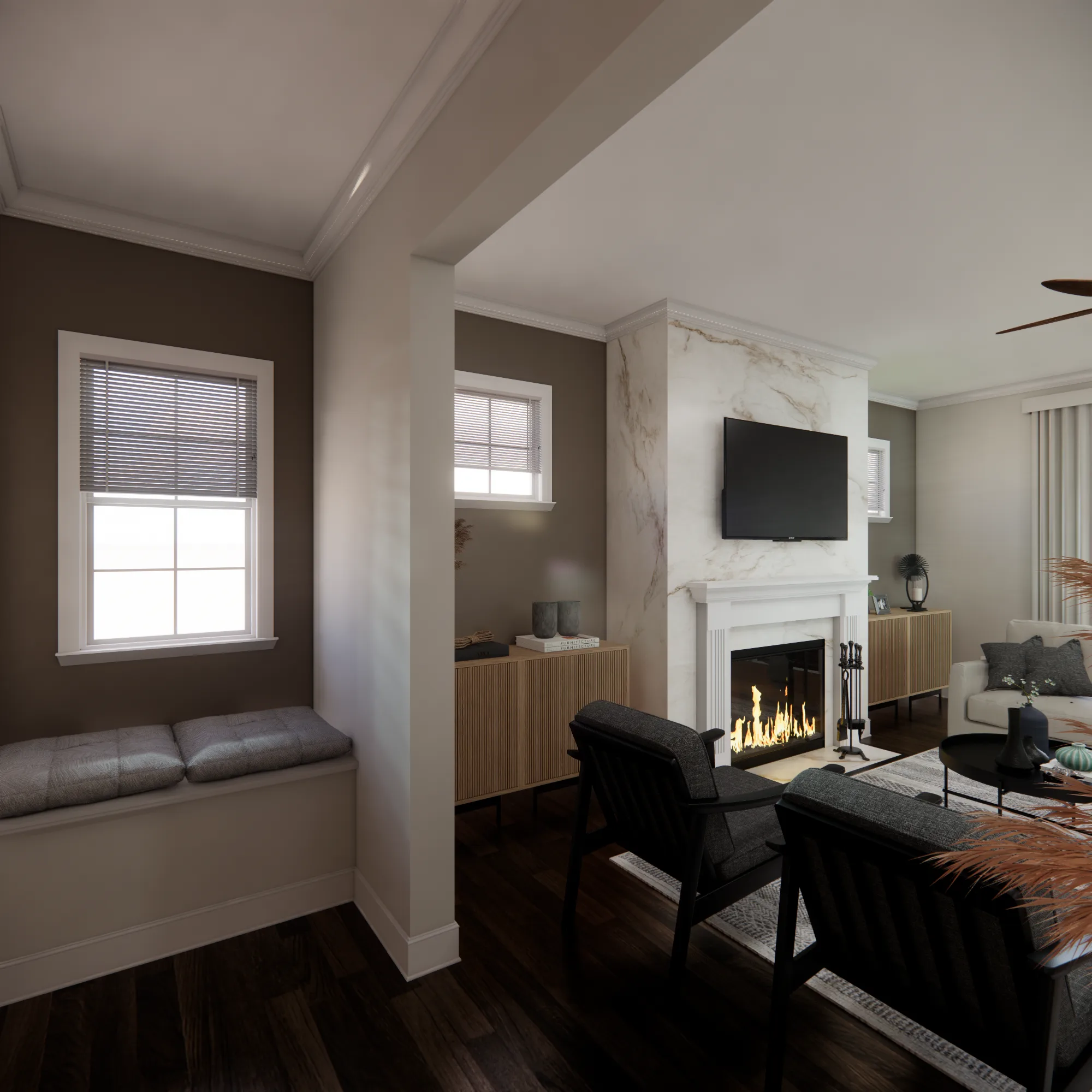 Renovation planning for a connected living area with finish and layout cohesion by Finch Home Studio in North Carolina