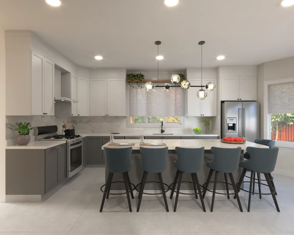 Kitchen renovation with layered materials and island seating by Finch Home Studio in North Carolina