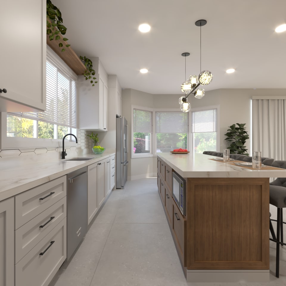 New construction kitchen finish selections with cabinetry, counters, and lighting by Finch Home Studio in North Carolina