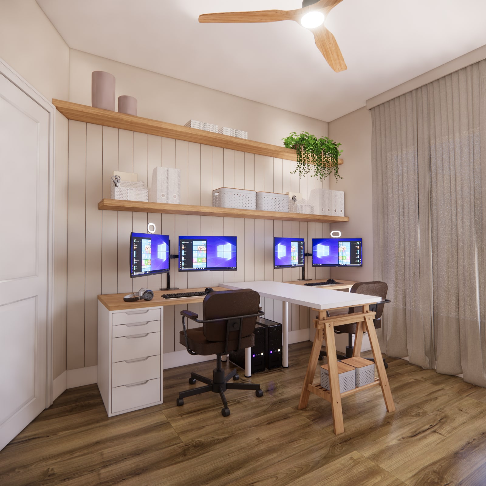 Living room and office design with improved layout and furnishings by Finch Home Studio in North Carolina