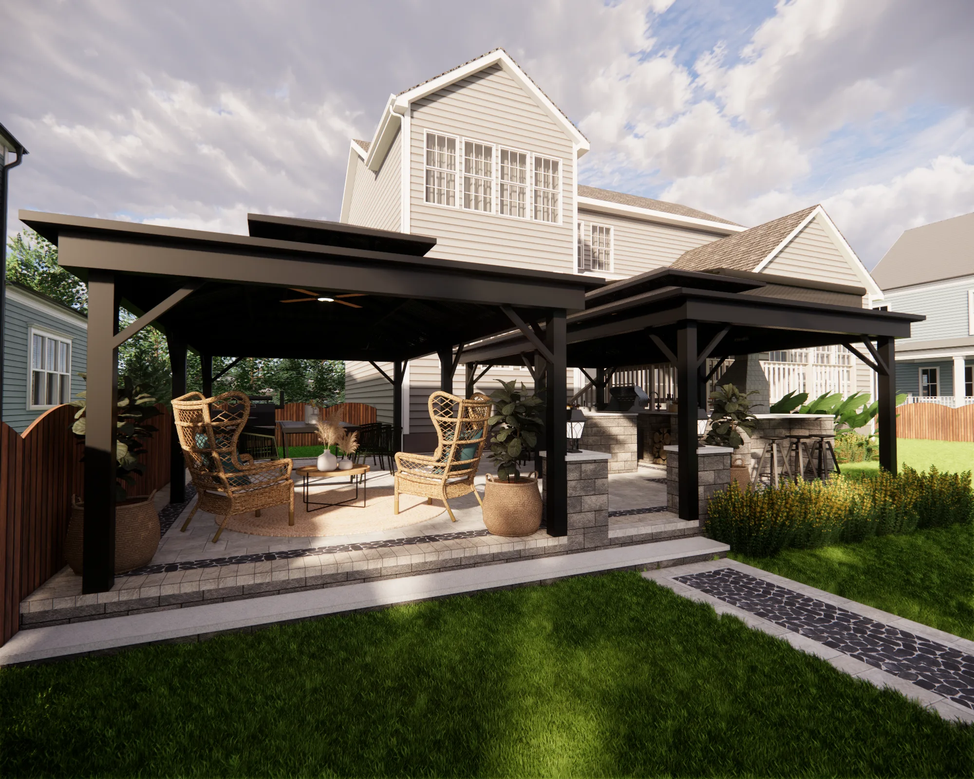 Indoor-outdoor living area design with layered comfort and styling by Finch Home Studio in North Carolina