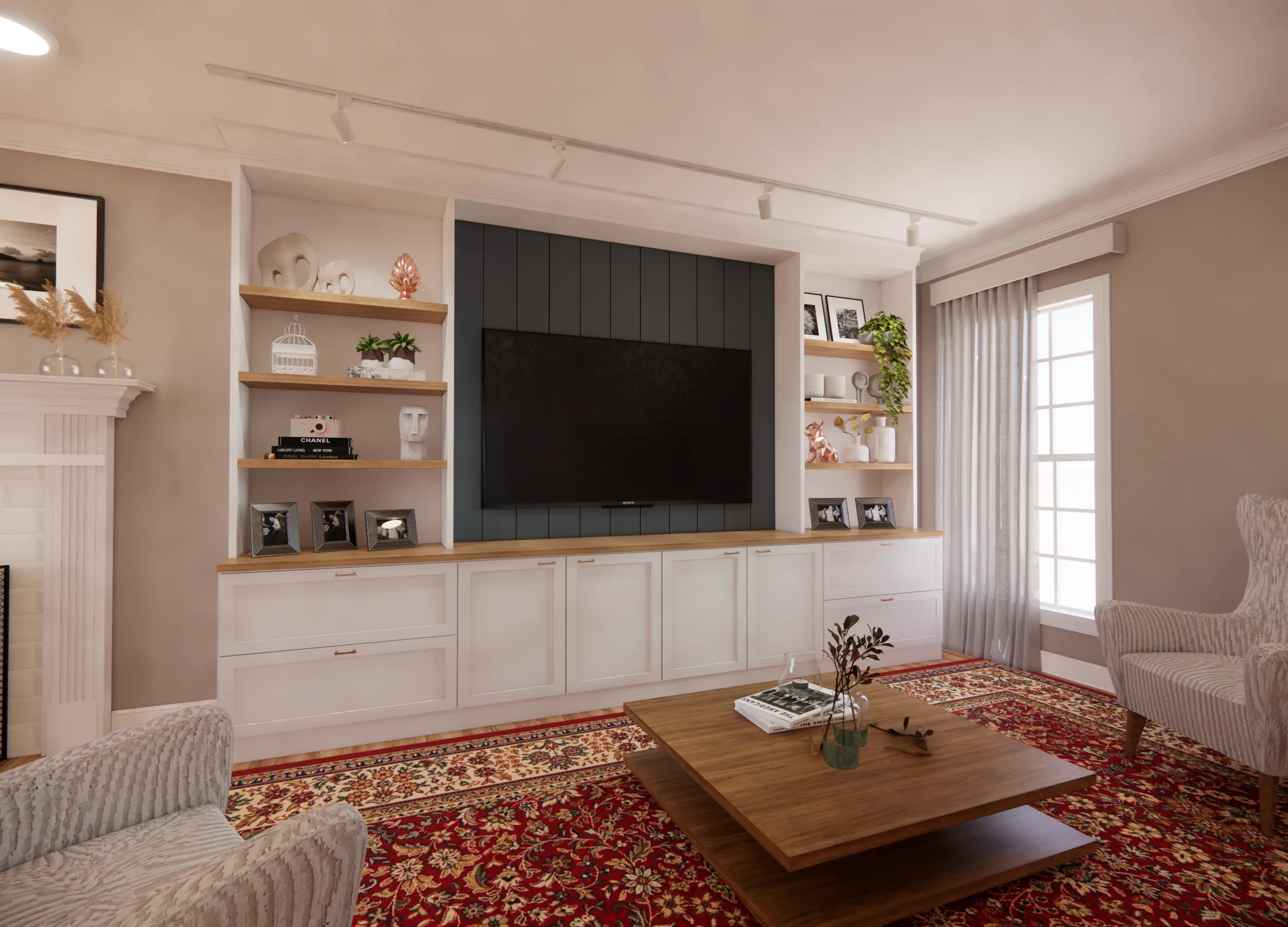 Living room refresh with furnishings, lighting, rug, and styling balance by Finch Home Studio in North Carolina