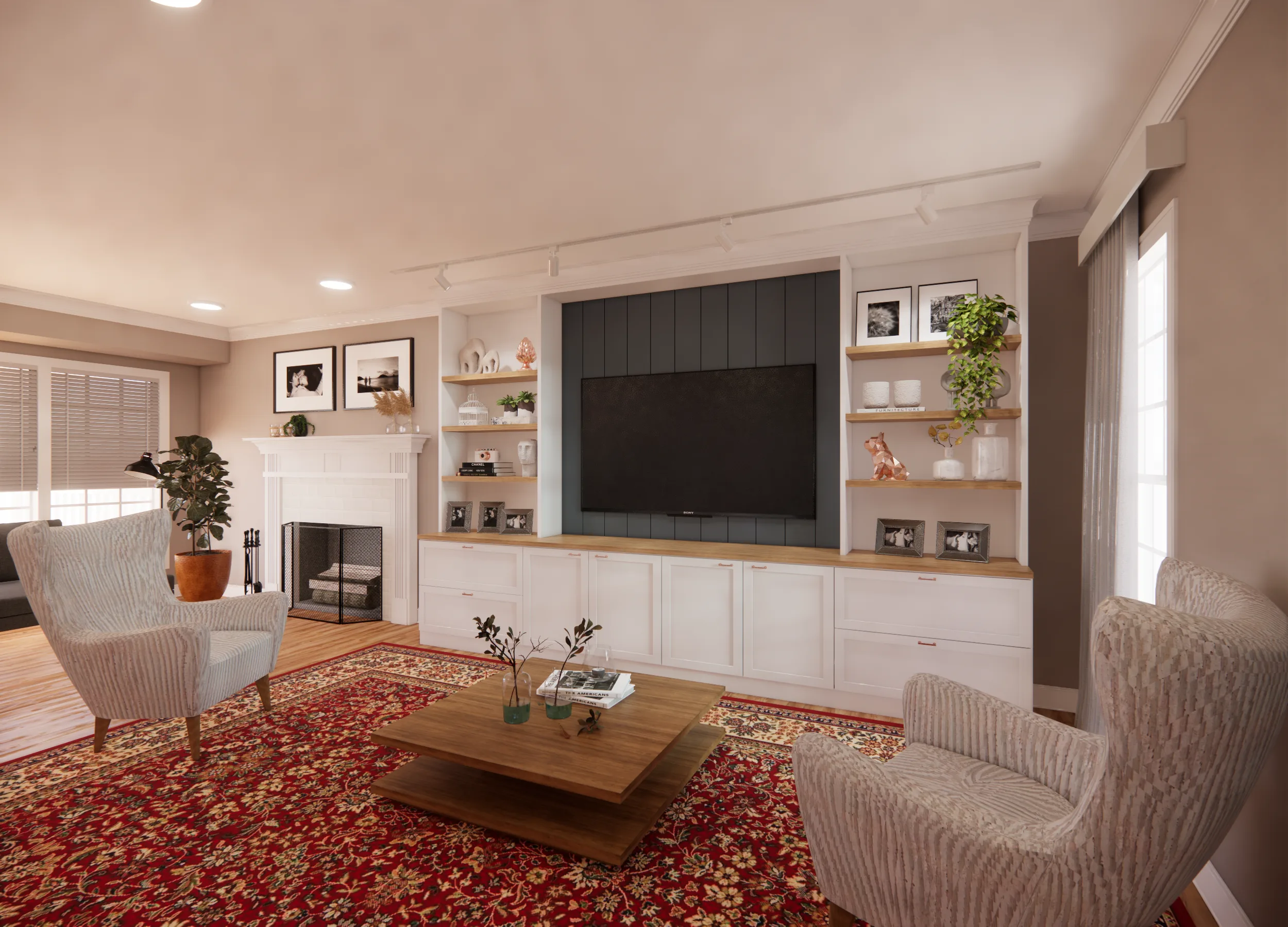 Living room design with comfortable seating and integrated TV wall by Finch Home Studio in North Carolina